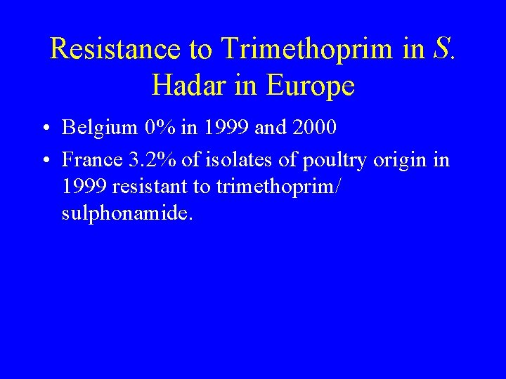 Resistance to Trimethoprim in S. Hadar in Europe • Belgium 0% in 1999 and