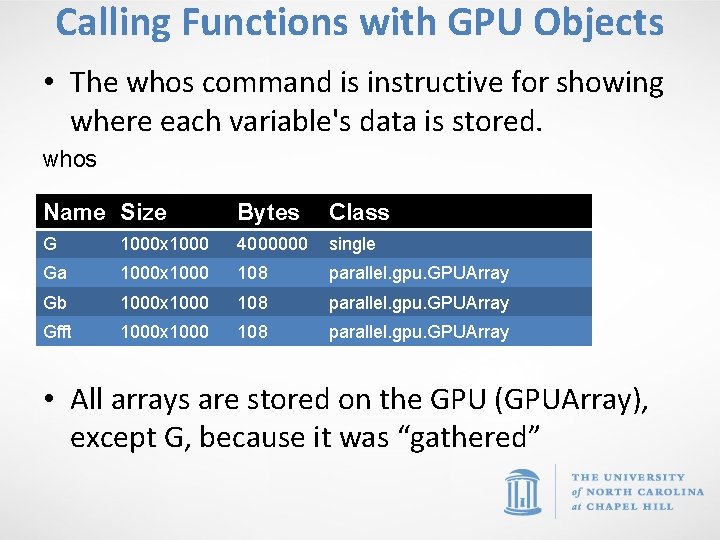 Calling Functions with GPU Objects • The whos command is instructive for showing where