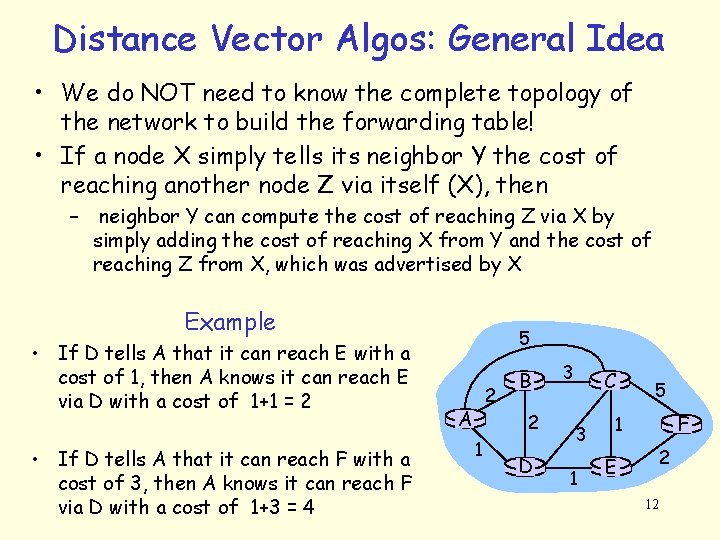 Distance Vector Algos: General Idea • We do NOT need to know the complete