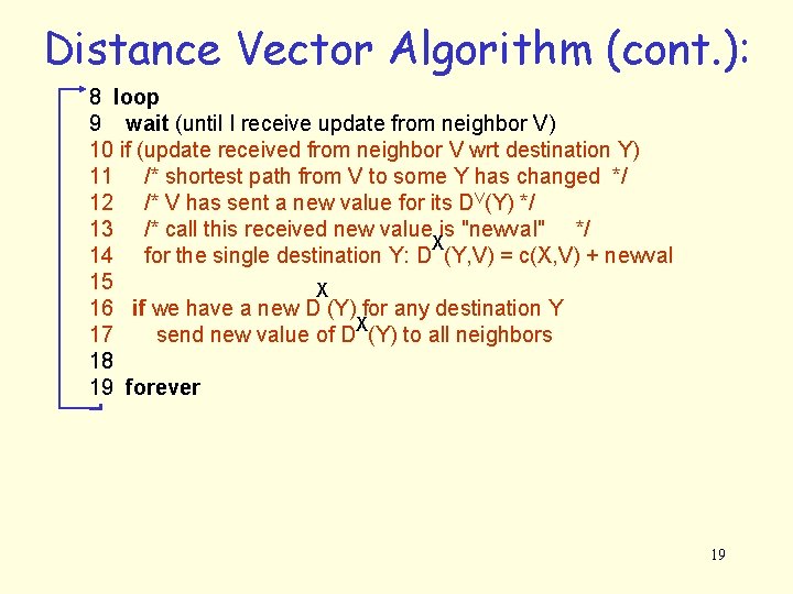 Distance Vector Algorithm (cont. ): 8 loop 9 wait (until I receive update from