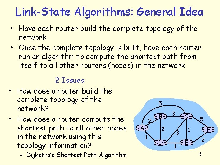 Link-State Algorithms: General Idea • Have each router build the complete topology of the