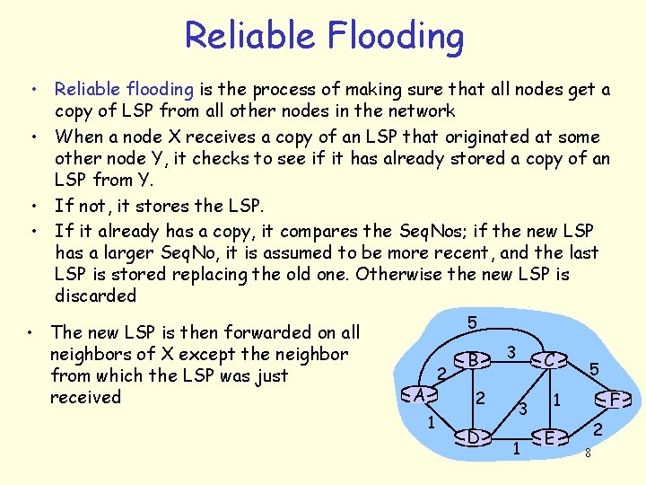 Reliable Flooding • Reliable flooding is the process of making sure that all nodes