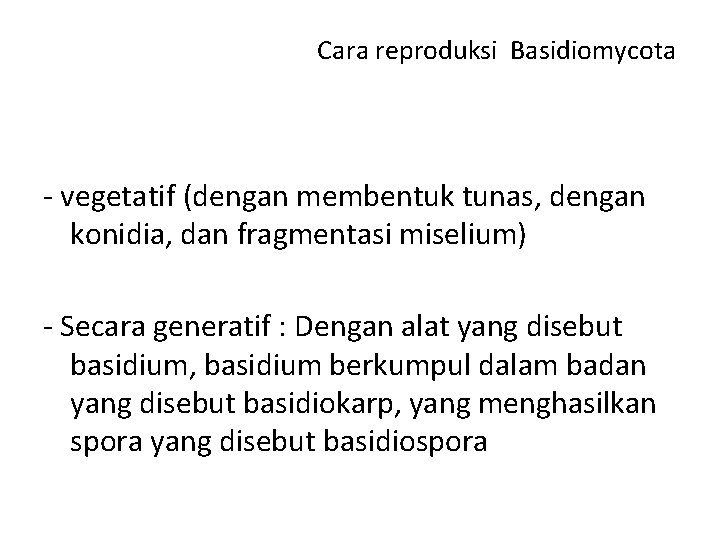 Cara reproduksi Basidiomycota - vegetatif (dengan membentuk tunas, dengan konidia, dan fragmentasi miselium) -