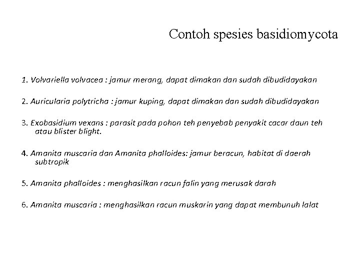 Contoh spesies basidiomycota 1. Volvariella volvacea : jamur merang, dapat dimakan dan sudah dibudidayakan