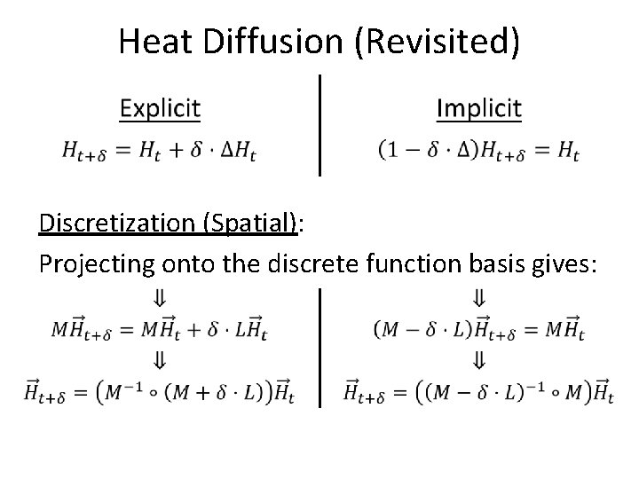 Heat Diffusion (Revisited) Discretization (Spatial): Projecting onto the discrete function basis gives: 