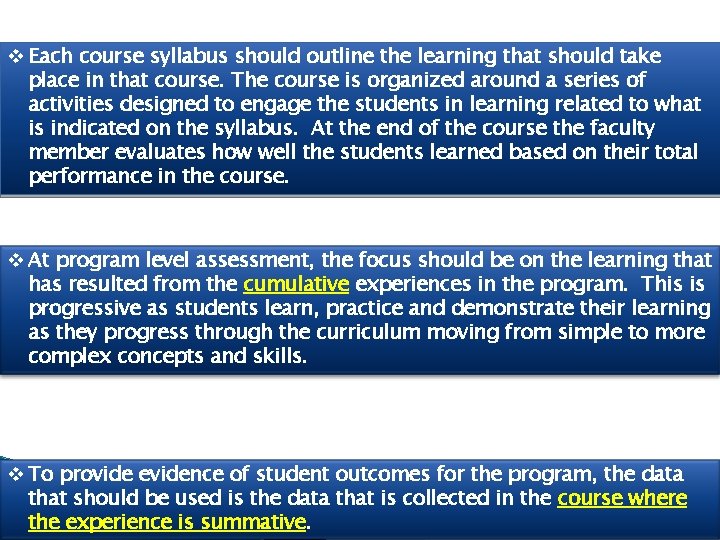 v Each course syllabus should outline the learning that should take place in that