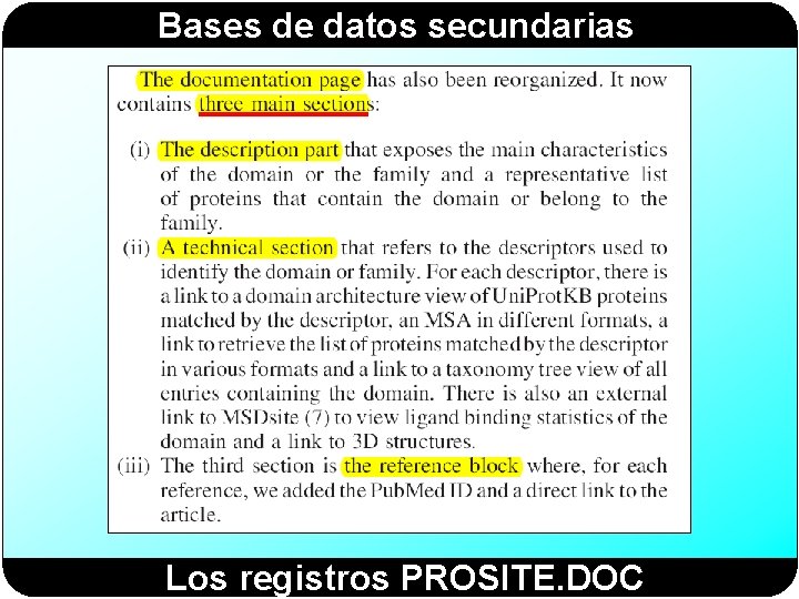 Bases de datos secundarias Los registros PROSITE. DOC 