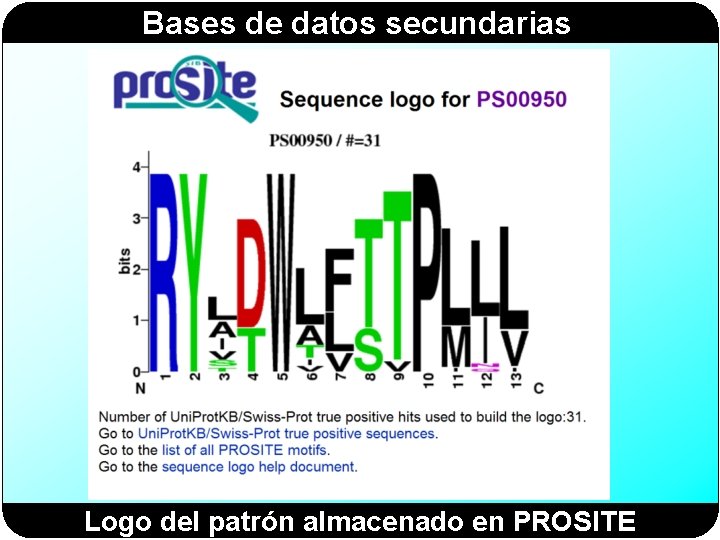 Bases de datos secundarias Logo del patrón almacenado en PROSITE Bases de datos secundarias Logo del patrón almacenado en PROSITE