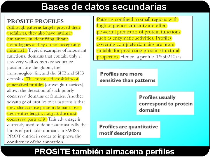 Bases de datos secundarias PROSITE también almacena perfiles Bases de datos secundarias PROSITE también almacena perfiles