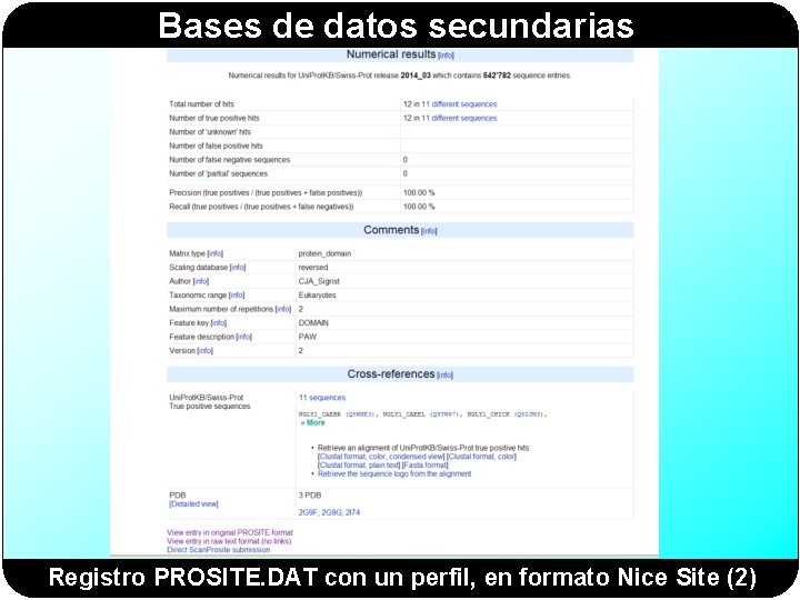 Bases de datos secundarias Registro PROSITE. DAT con un perfil, en formato Nice Site