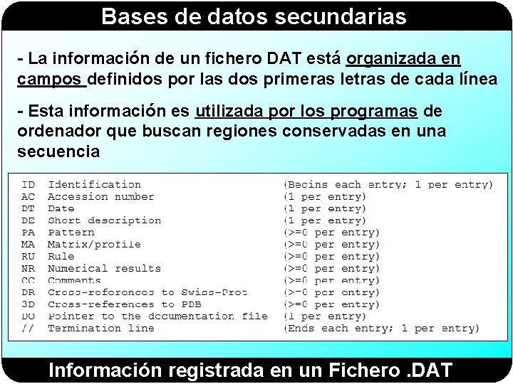 Bases de datos secundarias - La información de un fichero DAT está organizada en