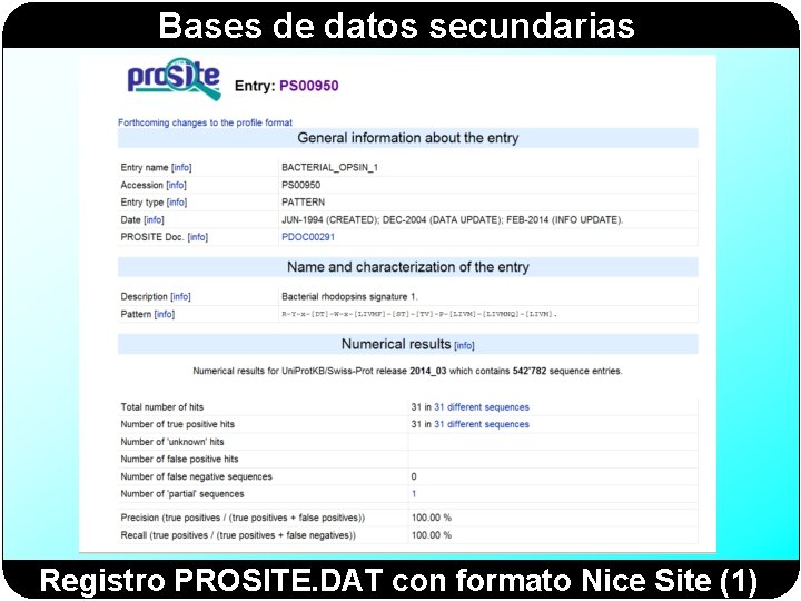 Bases de datos secundarias Registro PROSITE. DAT con formato Nice Site (1) 