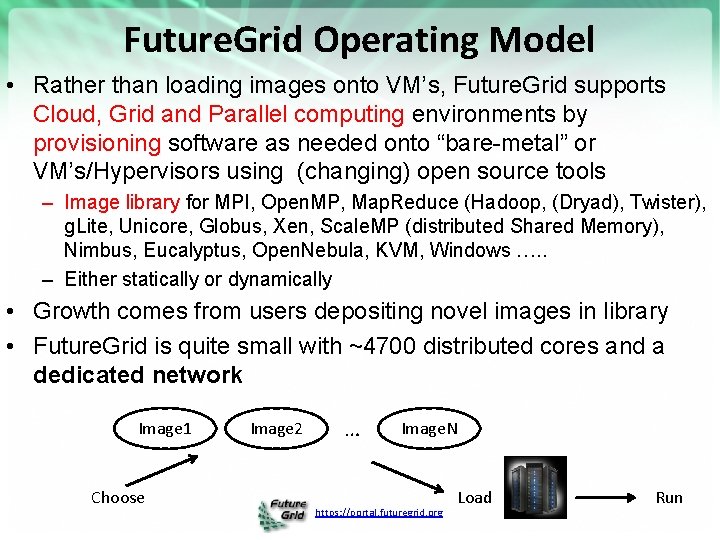 Future. Grid Operating Model • Rather than loading images onto VM’s, Future. Grid supports