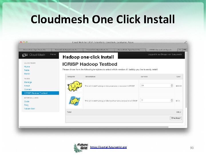 Cloudmesh One Click Install Hadoop one-click Install https: //portal. futuregrid. org 90 