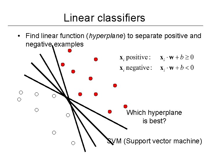 Linear classifiers • Find linear function (hyperplane) to separate positive and negative examples Which