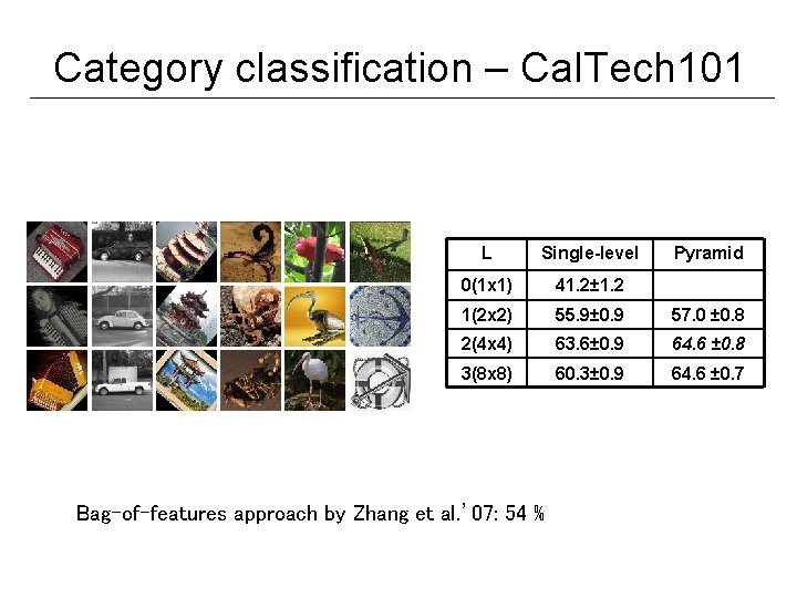 Category classification – Cal. Tech 101 L Single-level 0(1 x 1) 41. 2± 1.