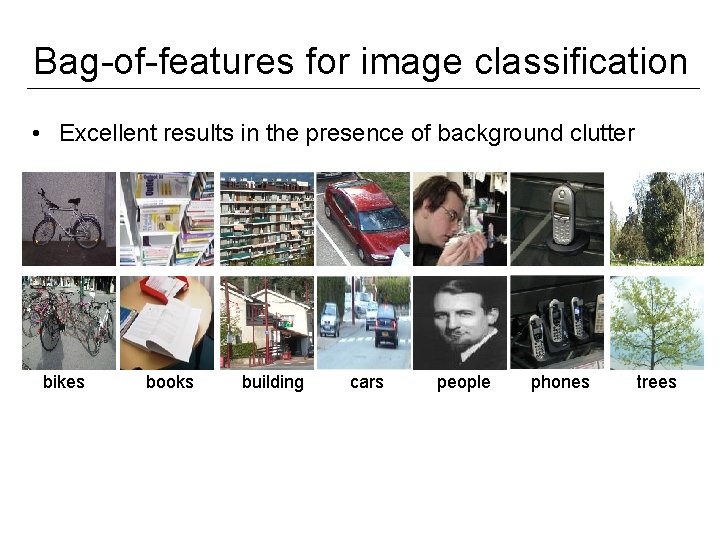 Bag-of-features for image classification • Excellent results in the presence of background clutter bikes