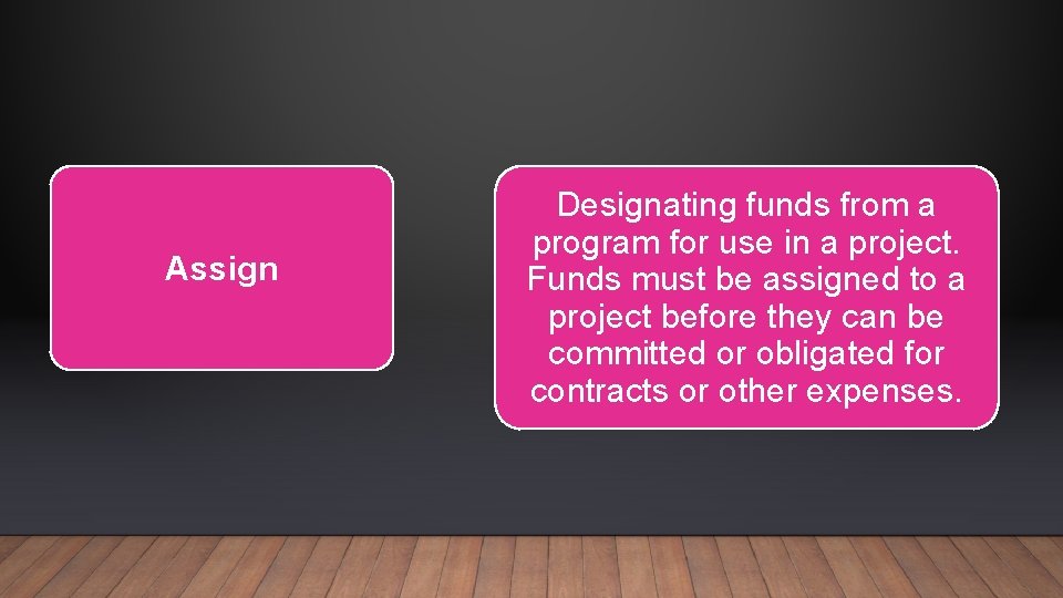 Assign Designating funds from a program for use in a project. Funds must be