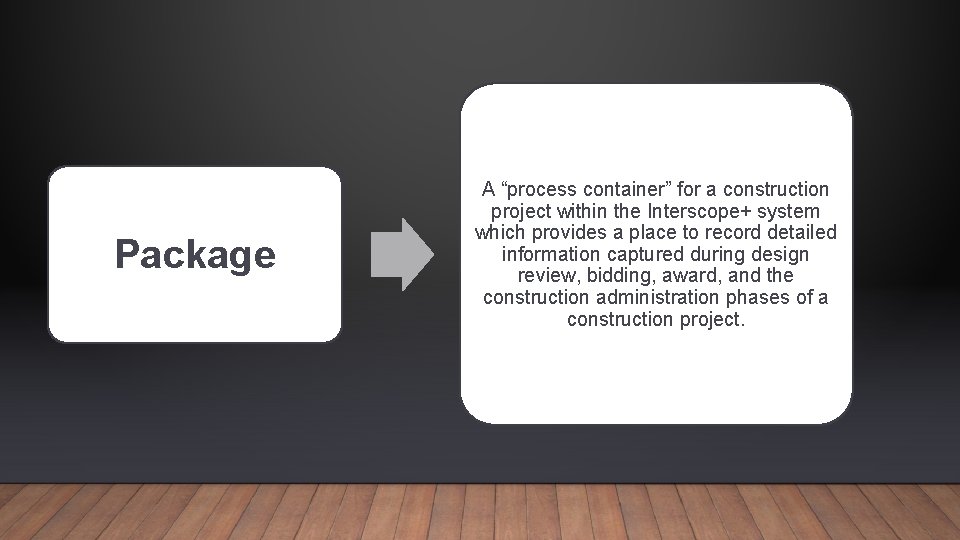 Package A “process container” for a construction project within the Interscope+ system which provides
