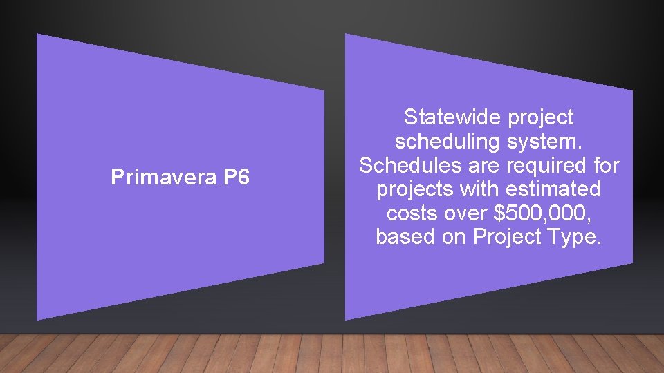Primavera P 6 Statewide project scheduling system. Schedules are required for projects with estimated