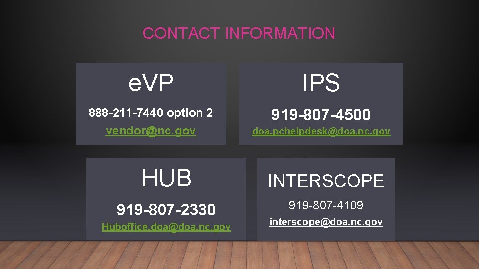 CONTACT INFORMATION e. VP IPS 888 -211 -7440 option 2 vendor@nc. gov 919 -807