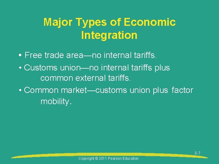 Major Types of Economic Integration • Free trade area—no internal tariffs. • Customs union—no