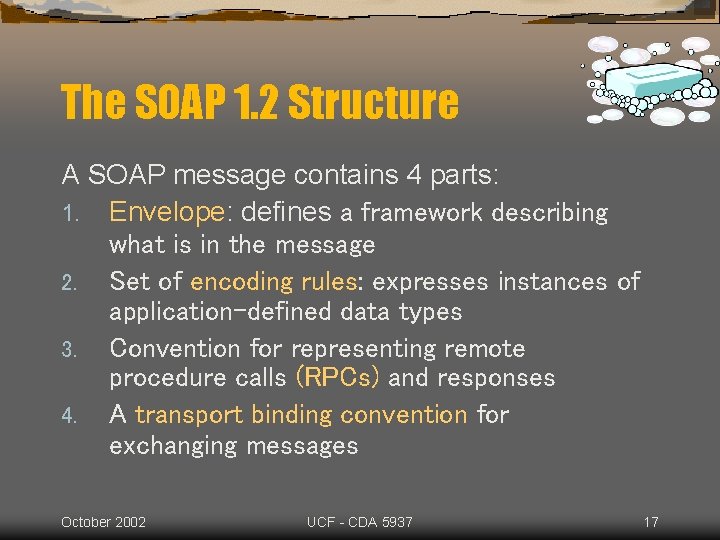 The SOAP 1. 2 Structure A SOAP message contains 4 parts: 1. Envelope: defines