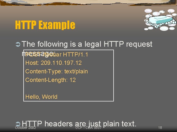 HTTP Example Ü The following is a legal HTTP request message: POST /foobar HTTP/1.