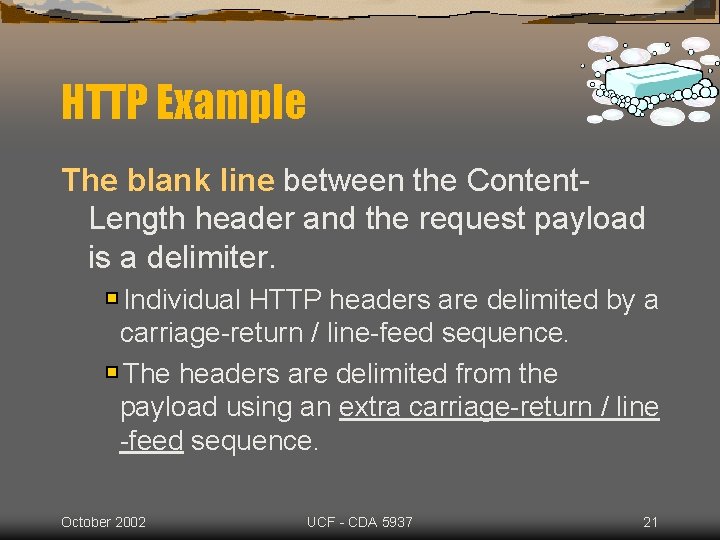 HTTP Example The blank line between the Content. Length header and the request payload