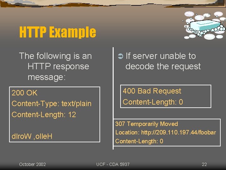 HTTP Example The following is an HTTP response message: 200 OK Content-Type: text/plain Content-Length: