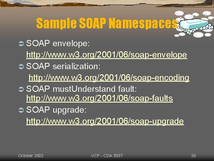Sample SOAP Namespaces Ü SOAP envelope: http: //www. w 3. org/2001/06/soap-envelope Ü SOAP serialization:
