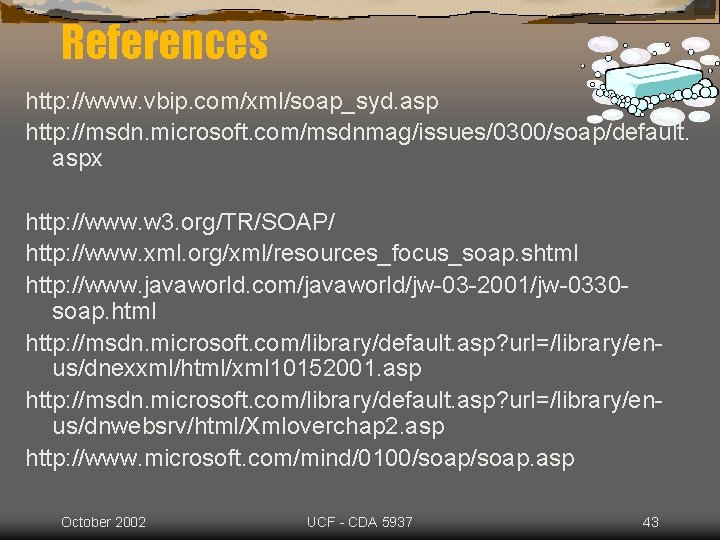 References http: //www. vbip. com/xml/soap_syd. asp http: //msdn. microsoft. com/msdnmag/issues/0300/soap/default. aspx http: //www. w