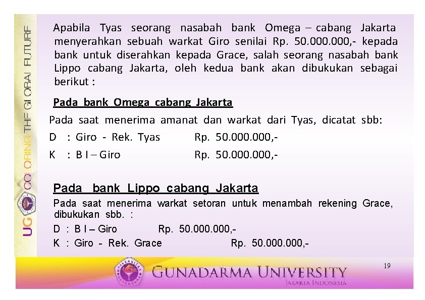 Apabila Tyas seorang nasabah bank Omega – cabang Jakarta menyerahkan sebuah warkat Giro senilai