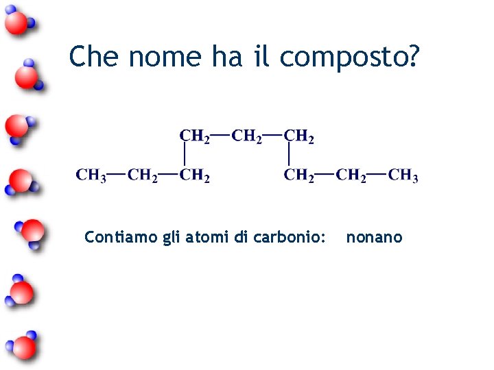 Che nome ha il composto? Contiamo gli atomi di carbonio: nonano 