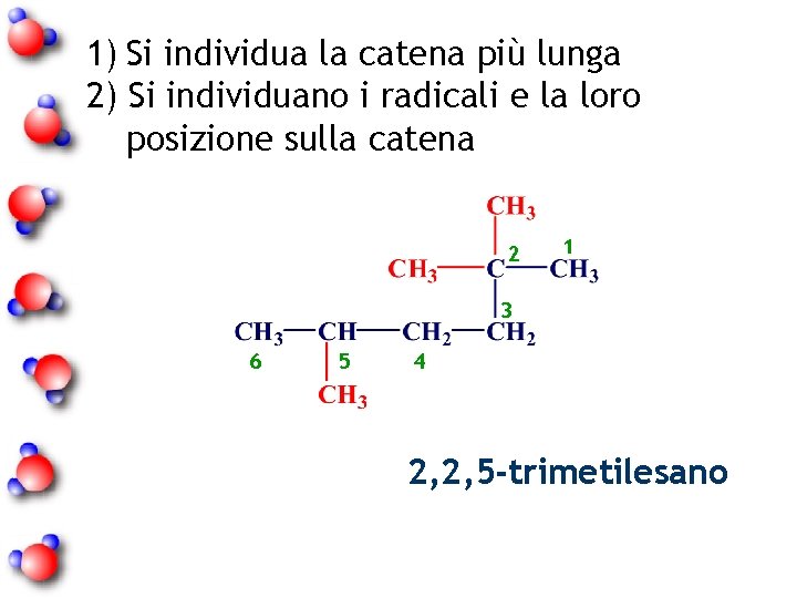 1) Si individua la catena più lunga 2) Si individuano i radicali e la