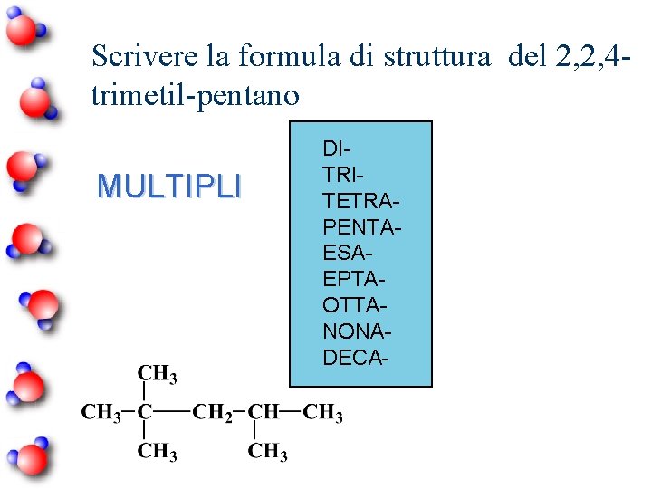 Scrivere la formula di struttura del 2, 2, 4 trimetil-pentano MULTIPLI DITRITETRAPENTAESAEPTAOTTANONADECA- 