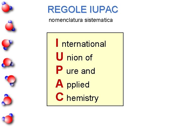REGOLE IUPAC nomenclatura sistematica I nternational U nion of P ure and A pplied