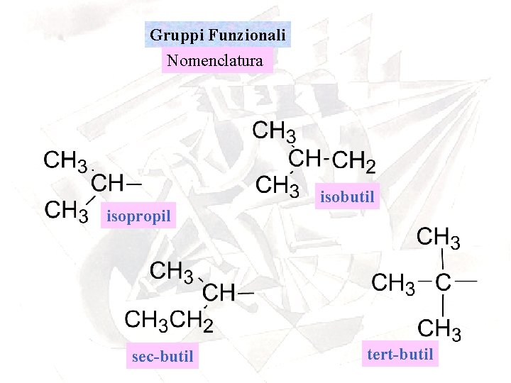 Gruppi Funzionali Nomenclatura isobutil isopropil sec-butil tert-butil 