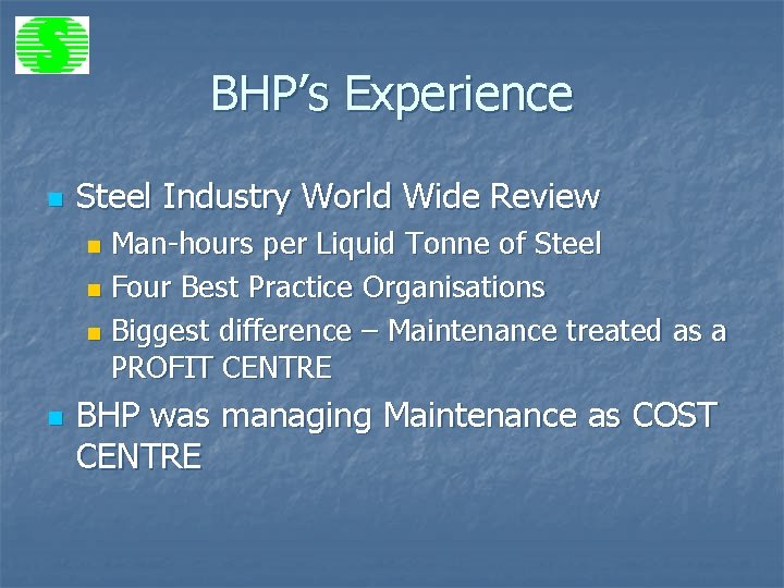 BHP’s Experience n Steel Industry World Wide Review Man-hours per Liquid Tonne of Steel