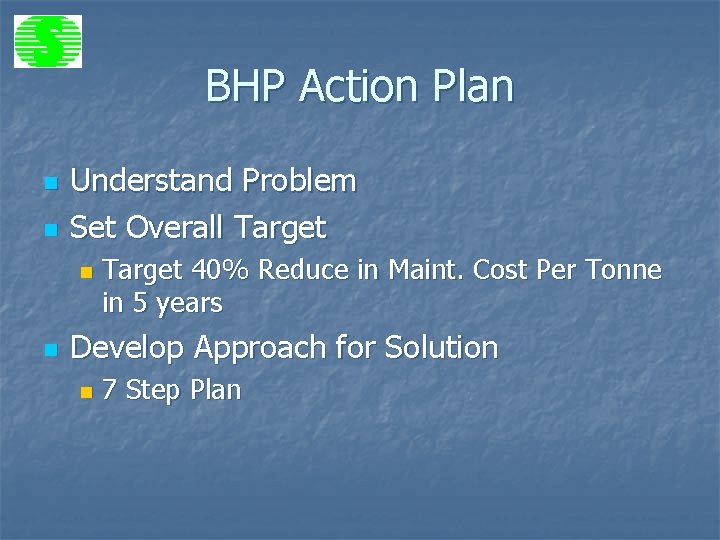 BHP Action Plan n n Understand Problem Set Overall Target n n Target 40%