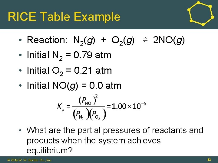RICE Table Example • Reaction: N 2(g) + O 2(g) ⇌ 2 NO(g) •