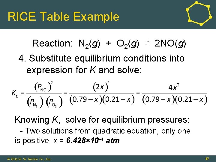 RICE Table Example Reaction: N 2(g) + O 2(g) ⇌ 2 NO(g) 4. Substitute