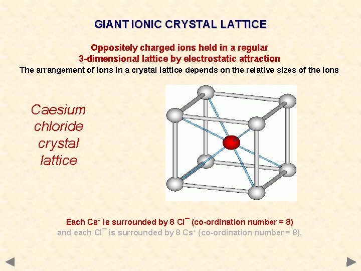 GIANT IONIC CRYSTAL LATTICE Oppositely charged ions held in a regular 3 -dimensional lattice GIANT IONIC CRYSTAL LATTICE Oppositely charged ions held in a regular 3 -dimensional lattice