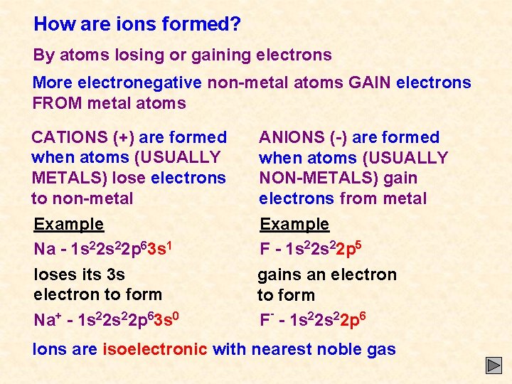 How are ions formed? By atoms losing or gaining electrons More electronegative non-metal atoms How are ions formed? By atoms losing or gaining electrons More electronegative non-metal atoms
