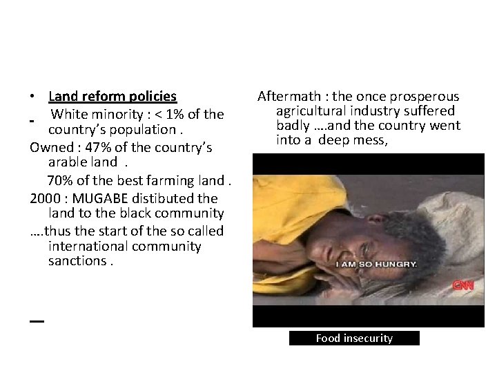  • Land reform policies White minority : < 1% of the country’s population.