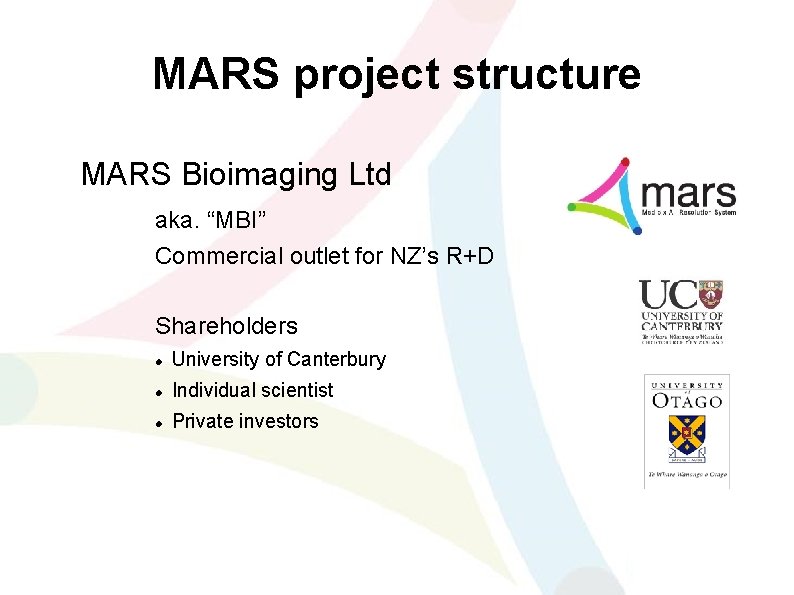 MARS project structure MARS Bioimaging Ltd aka. “MBI” Commercial outlet for NZ’s R+D Shareholders