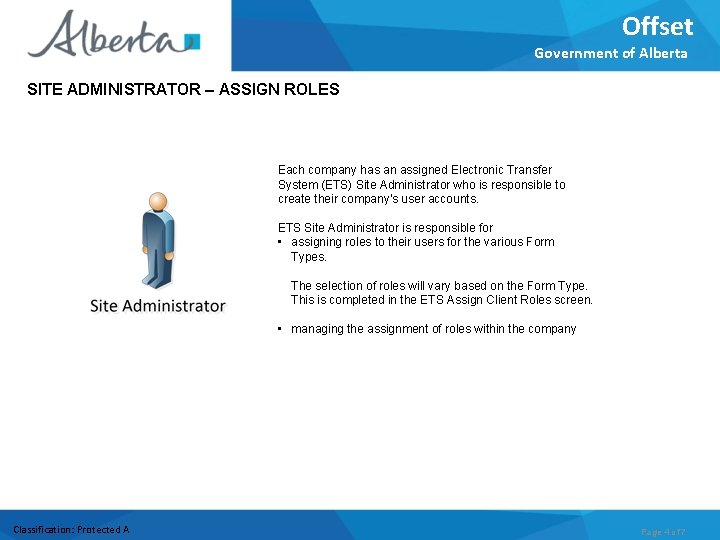 Offset Government of Alberta SITE ADMINISTRATOR – ASSIGN ROLES Each company has an assigned