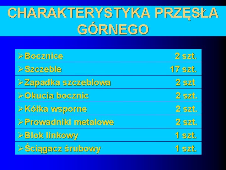 CHARAKTERYSTYKA PRZĘSŁA GÓRNEGO ØBocznice ØSzczeble ØZapadka szczeblowa ØOkucia bocznic ØKółka wsporne ØProwadniki metalowe ØBlok