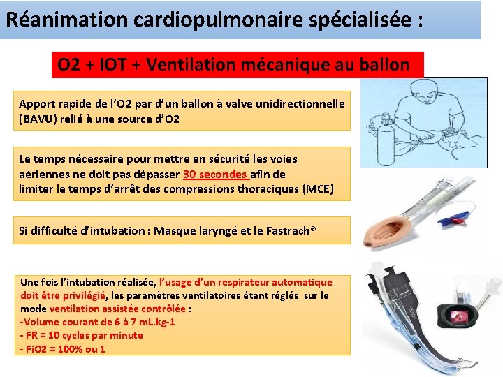 Réanimation cardiopulmonaire spécialisée : O 2 + IOT + Ventilation mécanique au ballon Apport