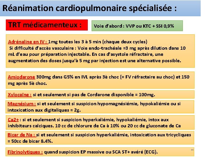 Réanimation cardiopulmonaire spécialisée : TRT médicamenteux : Voie d’abord : VVP ou KTC +